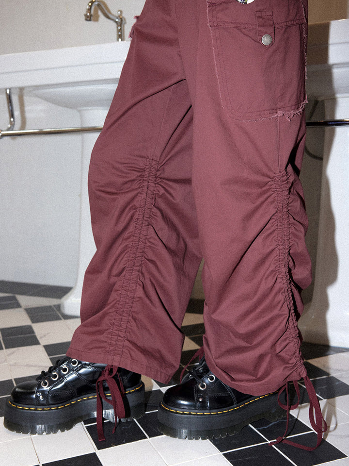 Washed Cargo Ruched Hem Wide Leg Pants