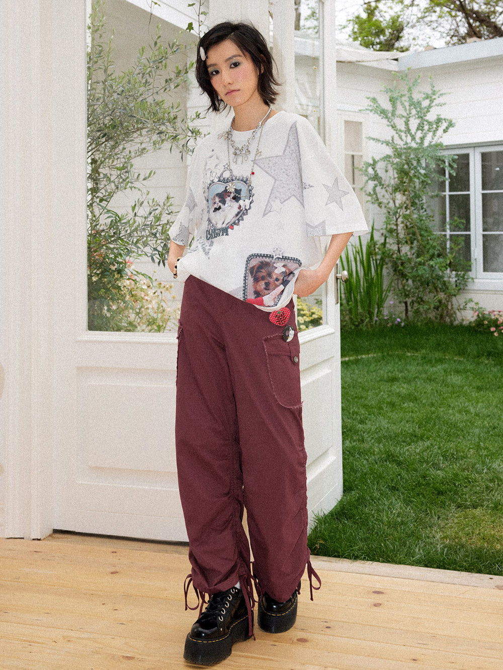 Washed Cargo Ruched Hem Wide Leg Pants