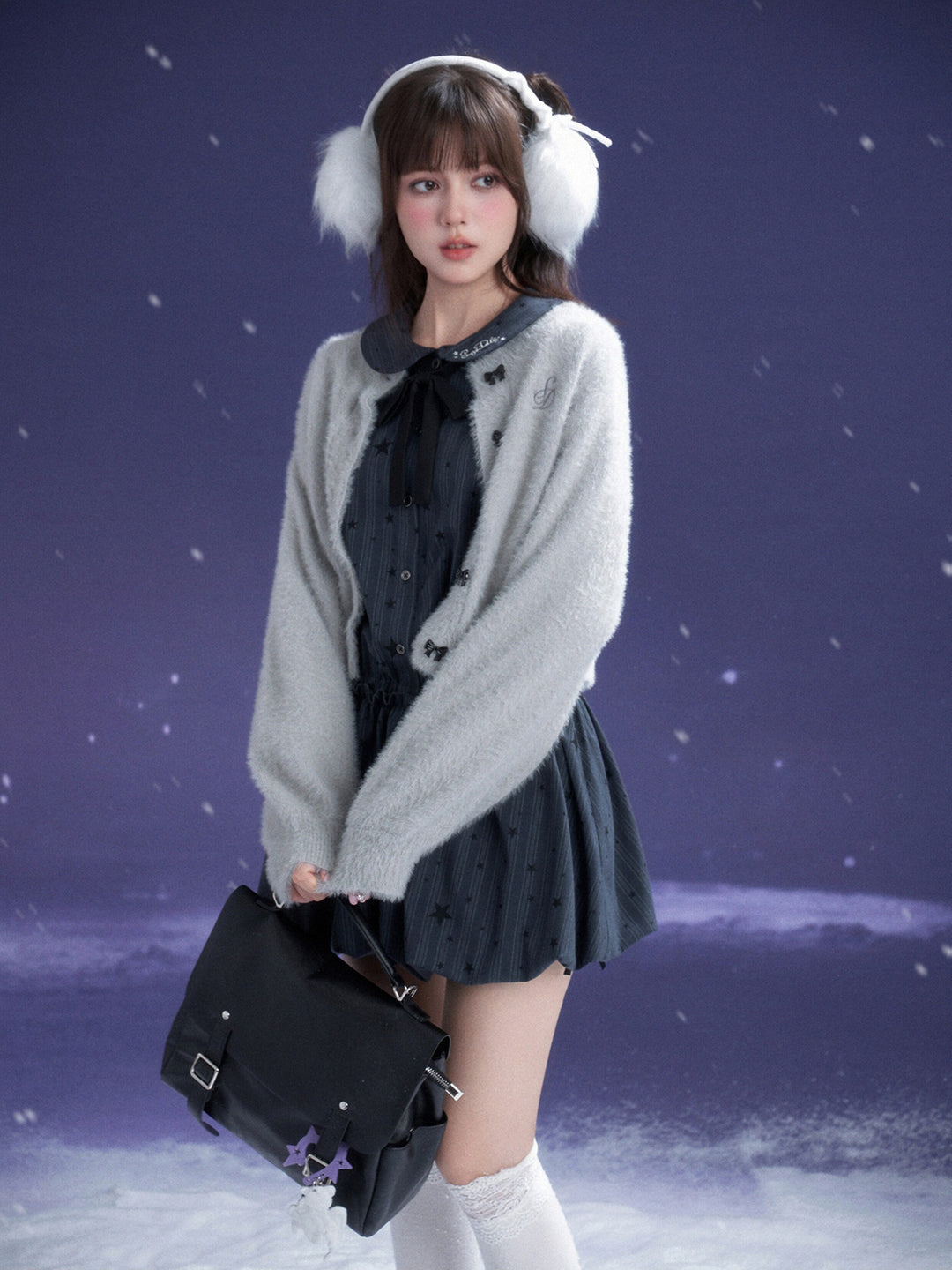 Star Pinstripe Bow Collar Bubble Mini Dress
