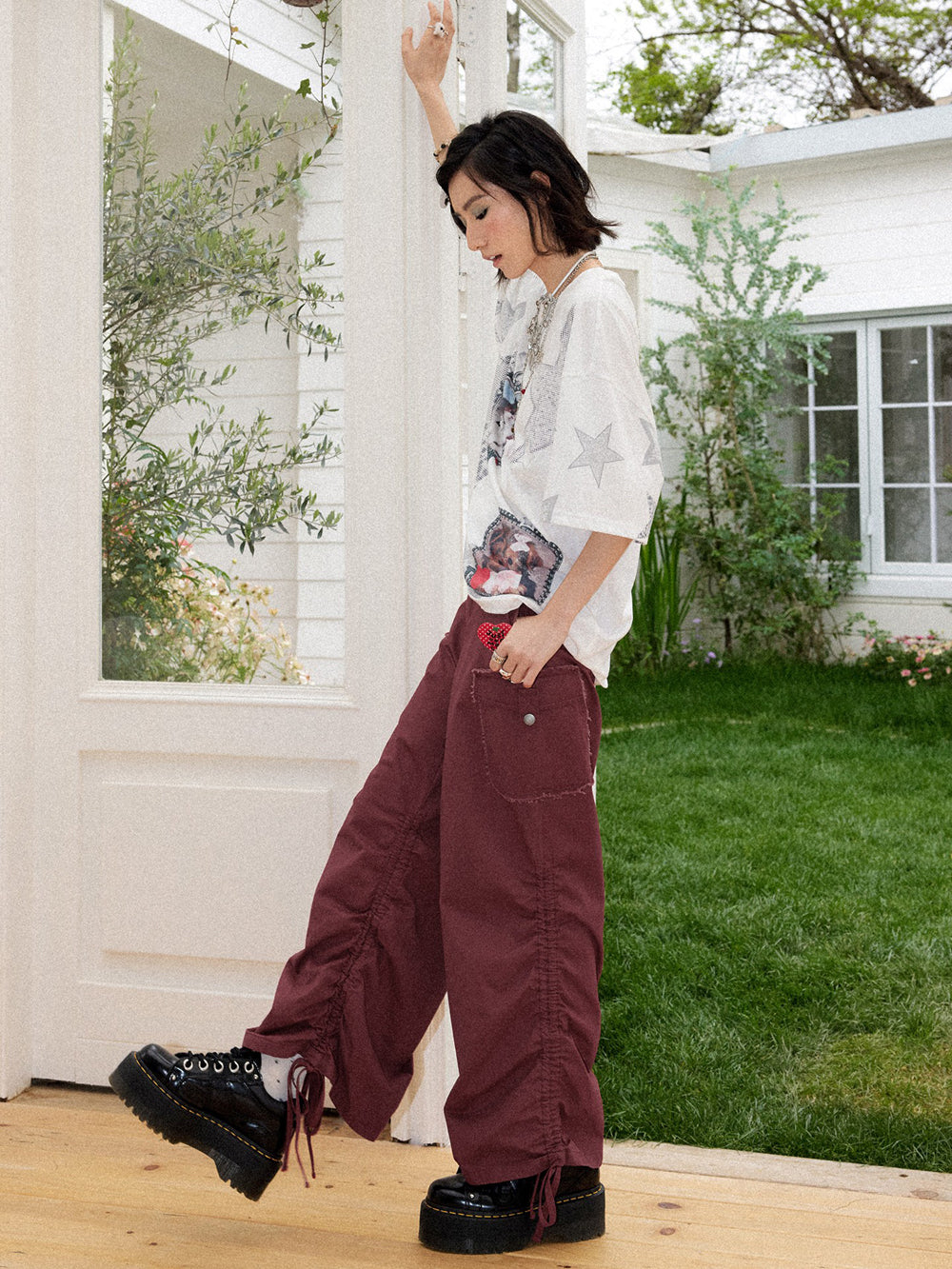 Washed Cargo Ruched Hem Wide Leg Pants
