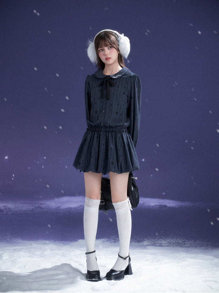 Star Pinstripe Bow Collar Bubble Mini Dress