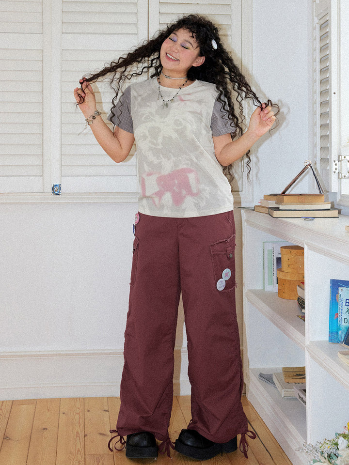 Washed Cargo Ruched Hem Wide Leg Pants