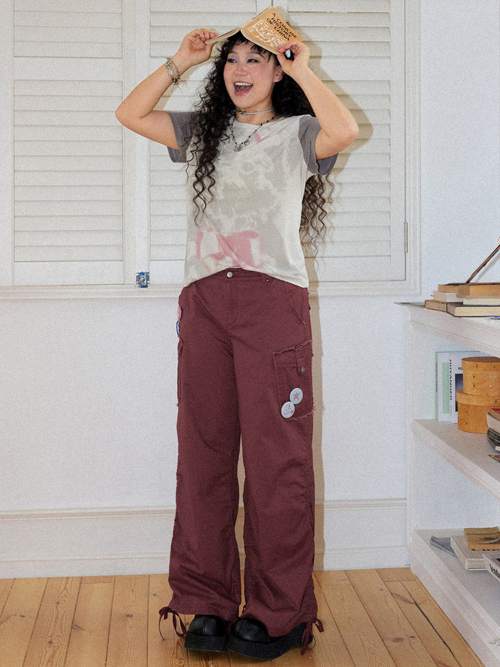 Washed Cargo Ruched Hem Wide Leg Pants