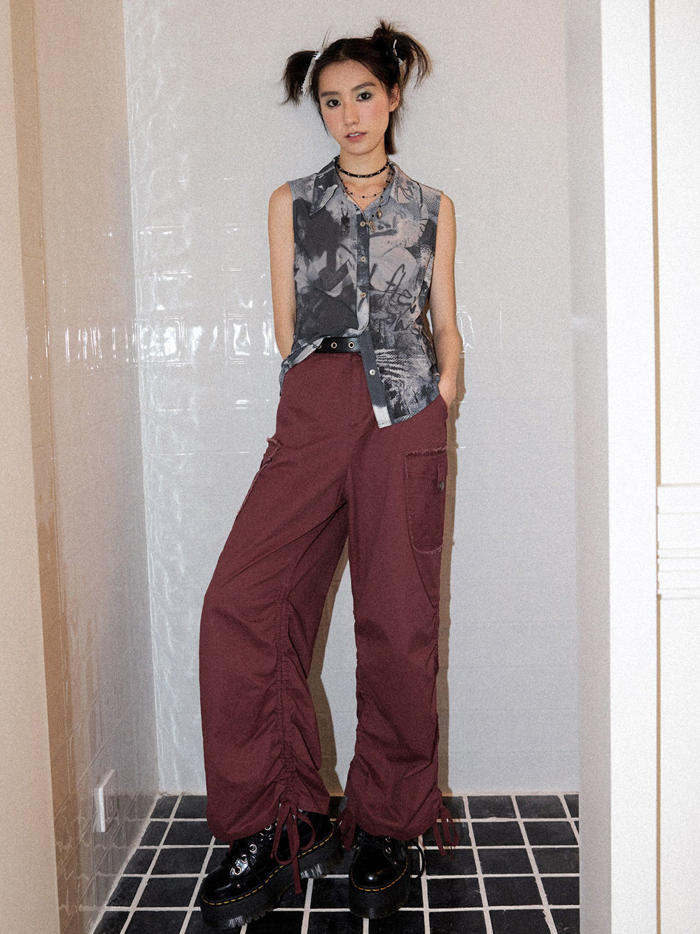 Washed Cargo Ruched Hem Wide Leg Pants