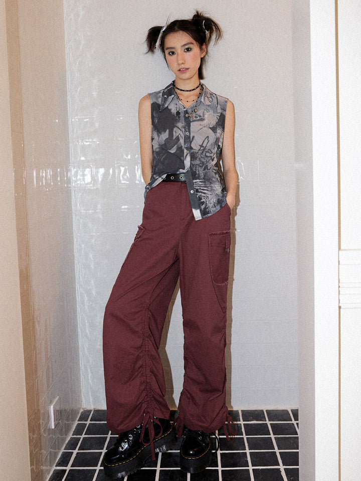 Washed Cargo Ruched Hem Wide Leg Pants