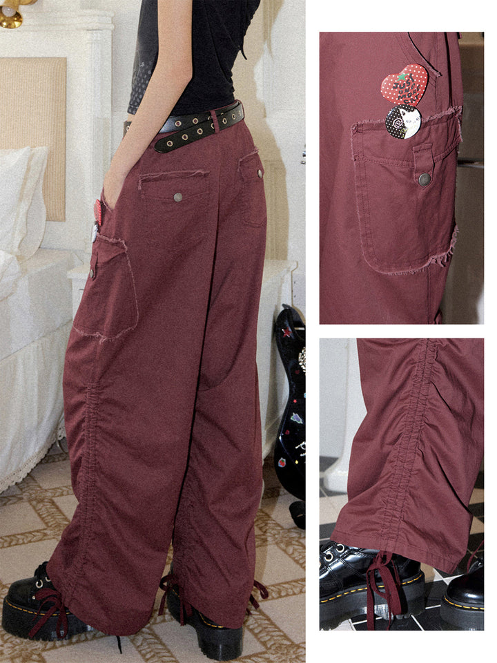 Washed Cargo Ruched Hem Wide Leg Pants