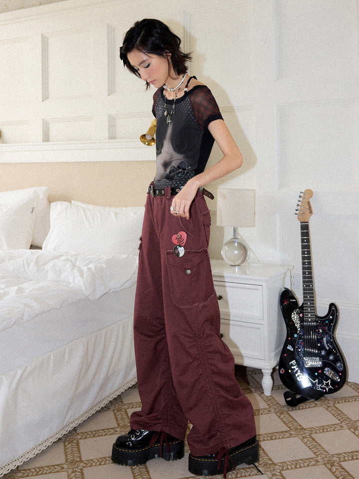 Washed Cargo Ruched Hem Wide Leg Pants