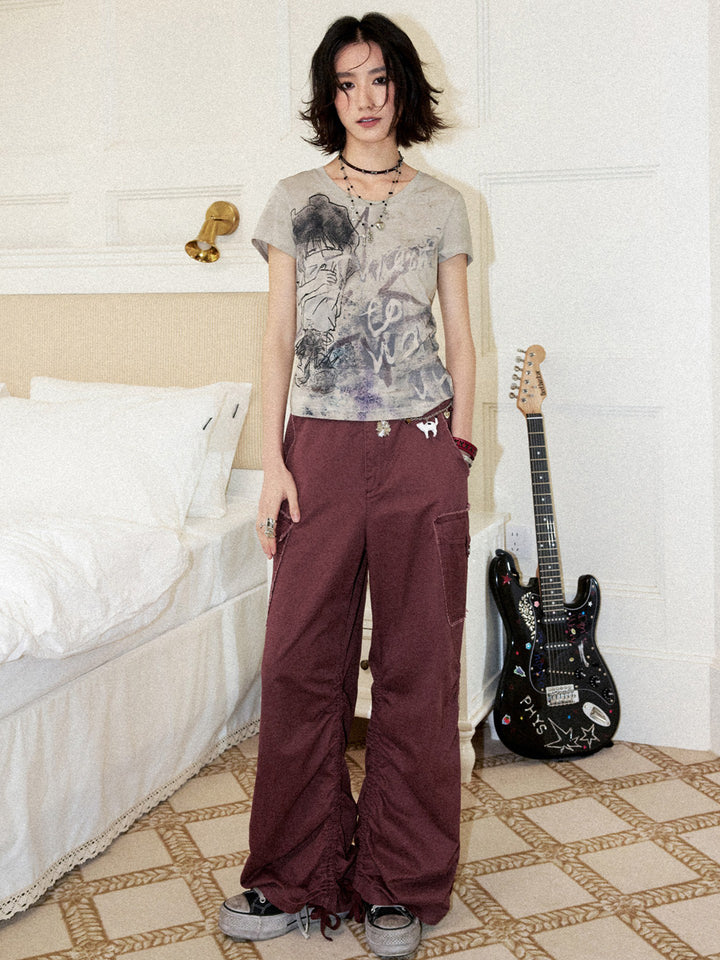 Washed Cargo Ruched Hem Wide Leg Pants