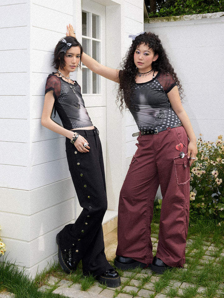Washed Cargo Ruched Hem Wide Leg Pants