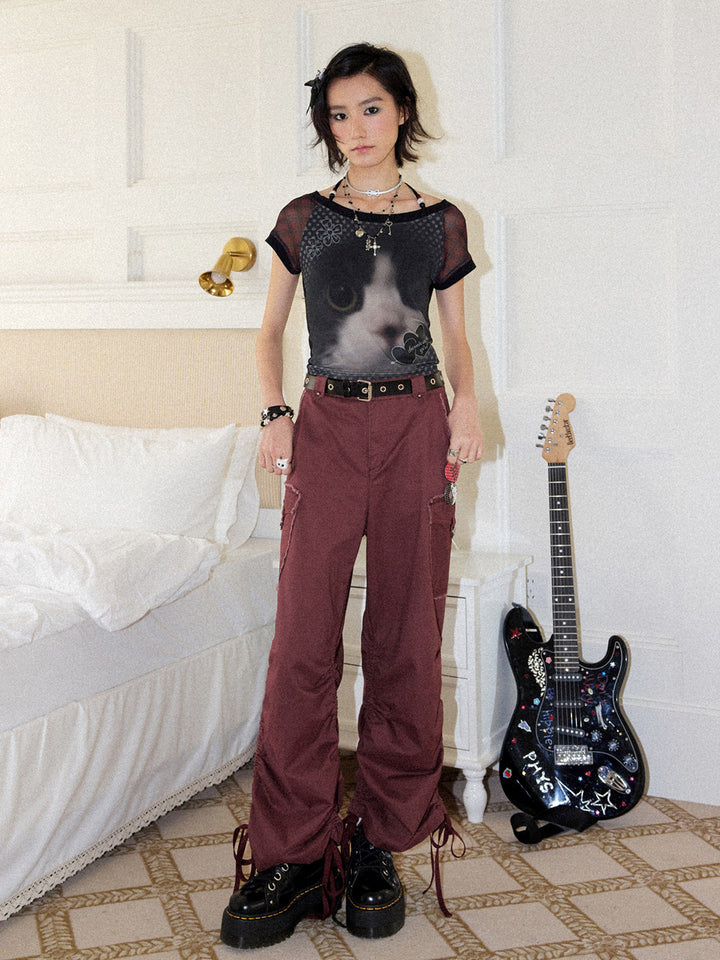 Washed Cargo Ruched Hem Wide Leg Pants