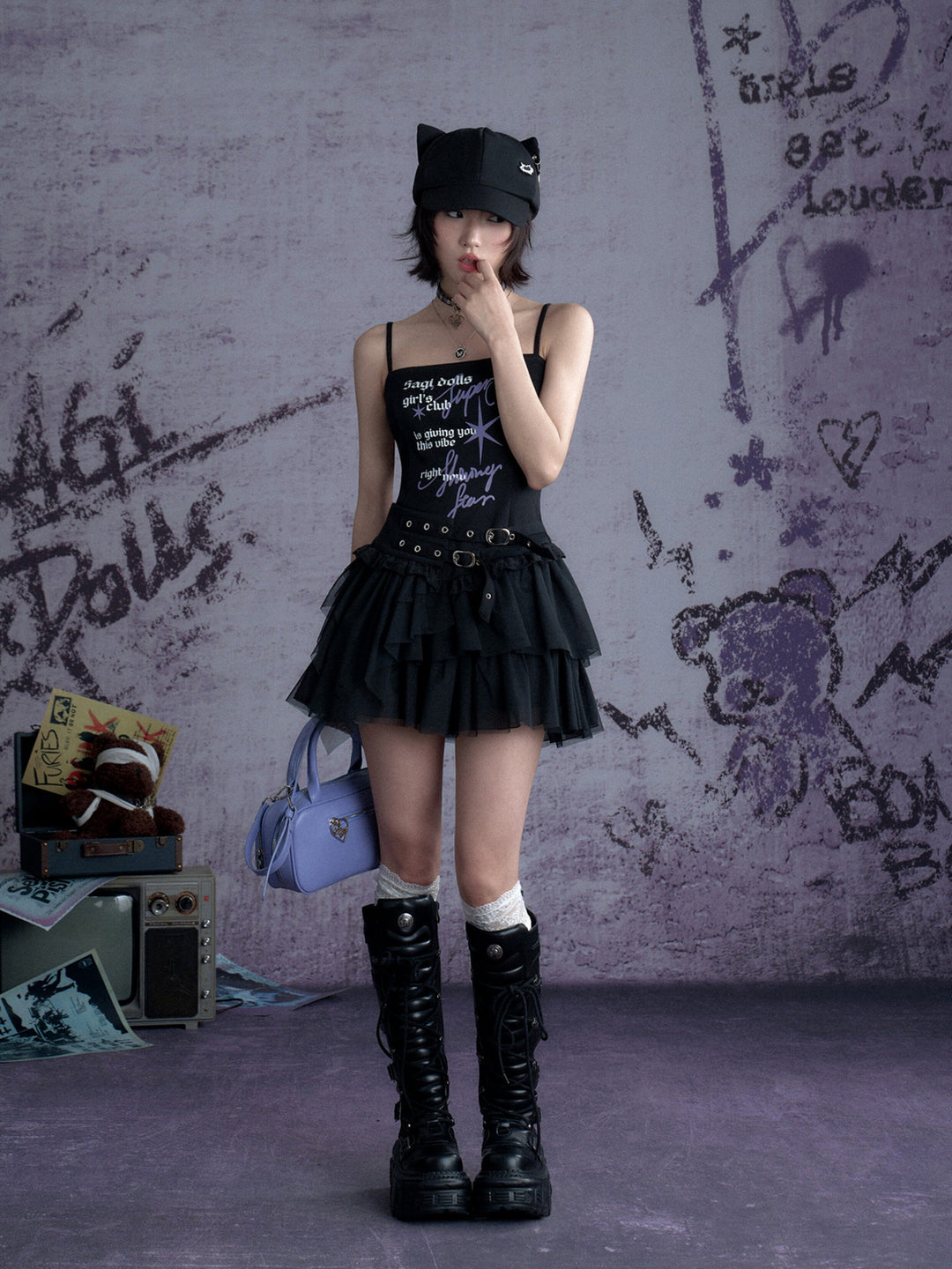 Graphic Buckle Ruffle Mini Dress
