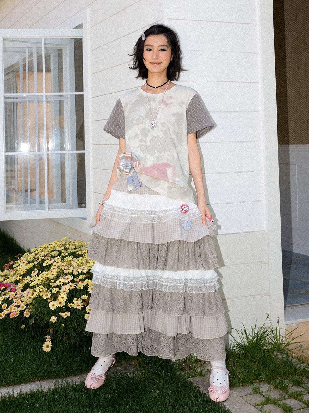 Vintage Plaid Lace Tiered Maxi Skirt