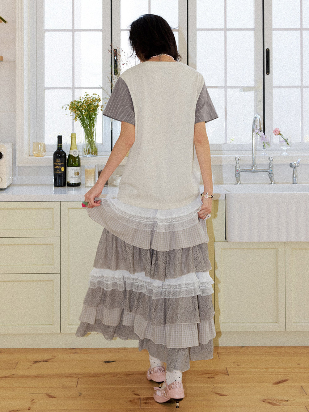 Vintage Plaid Lace Tiered Maxi Skirt