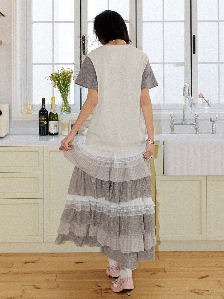 Vintage Plaid Lace Tiered Maxi Skirt