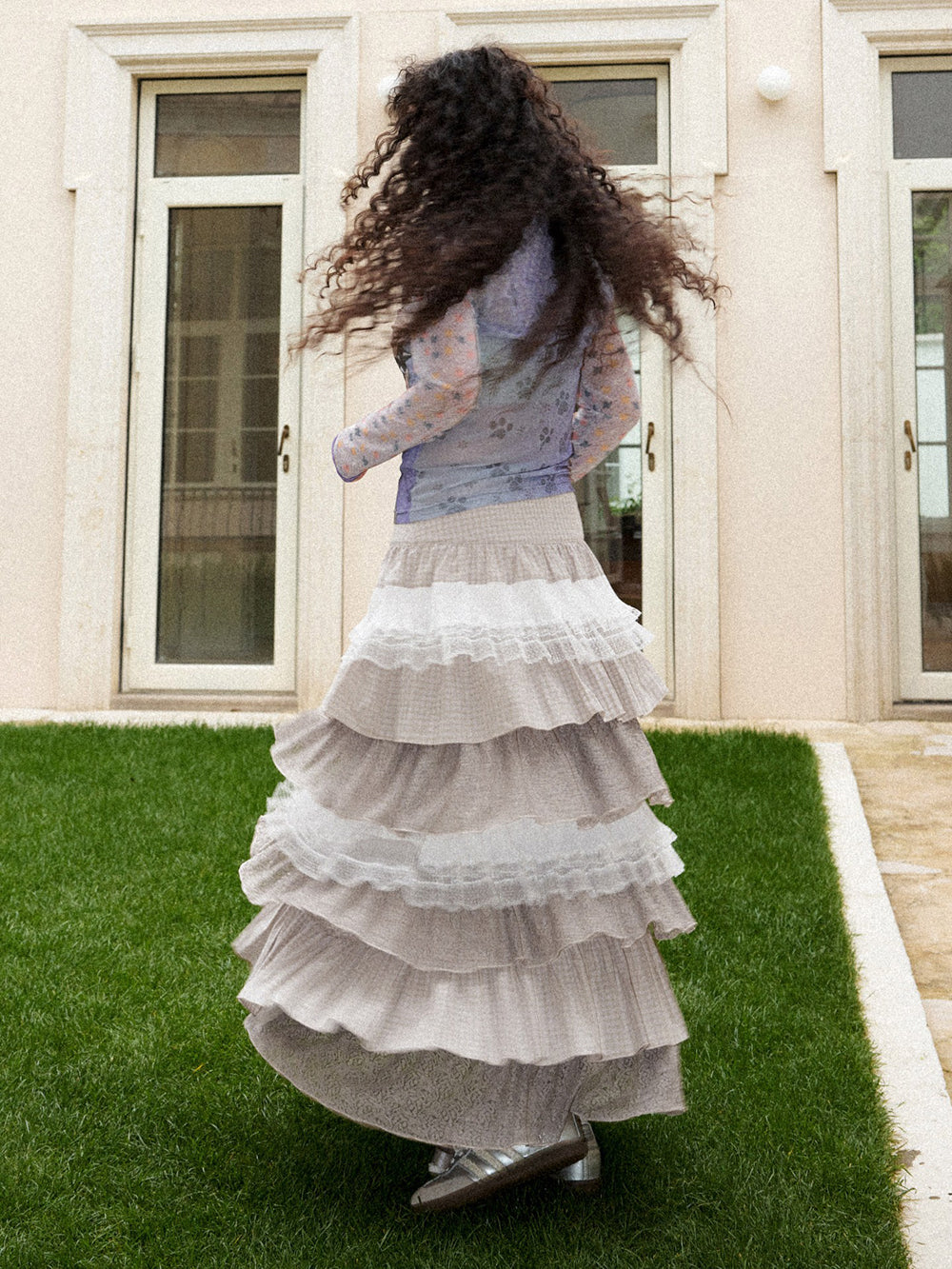 Vintage Plaid Lace Tiered Maxi Skirt