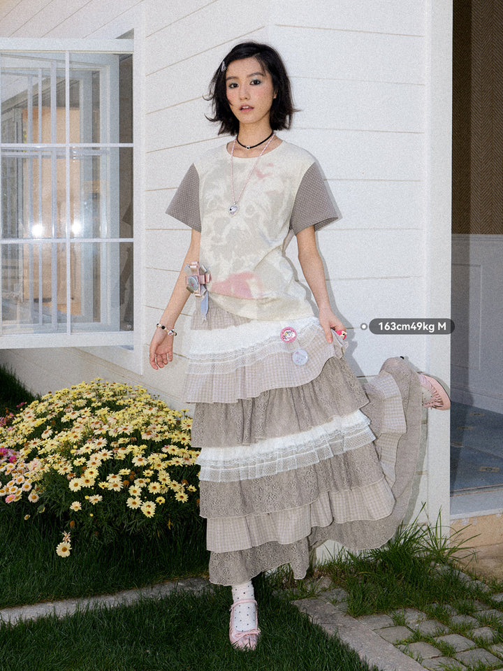 Vintage Plaid Lace Tiered Maxi Skirt
