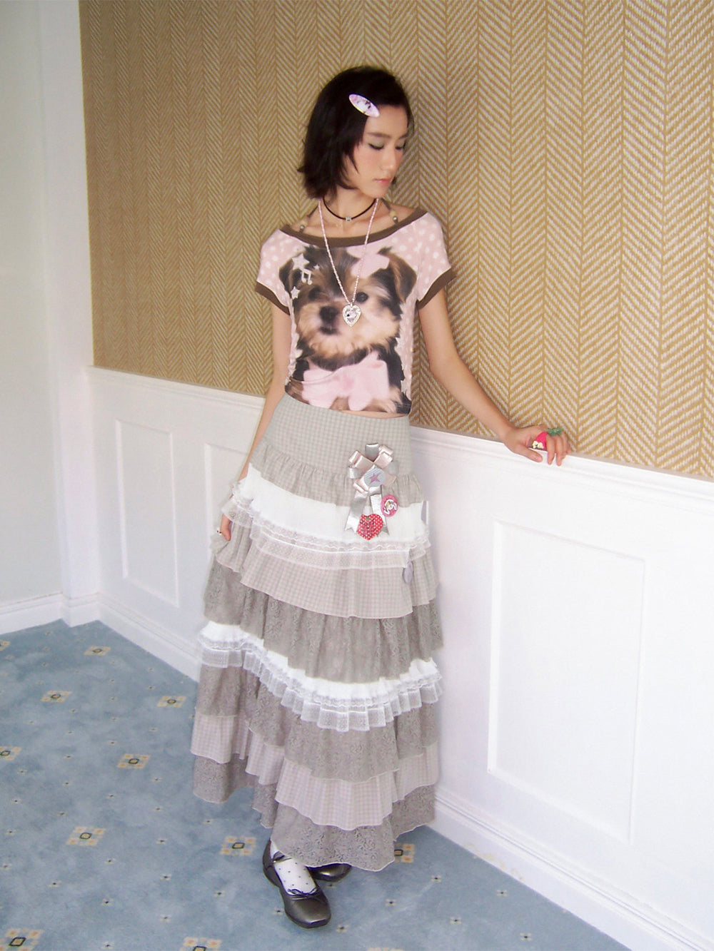 Vintage Plaid Lace Tiered Maxi Skirt