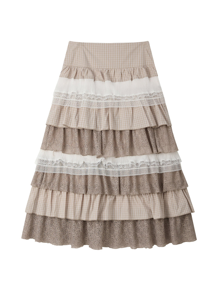 Vintage Plaid Lace Tiered Maxi Skirt