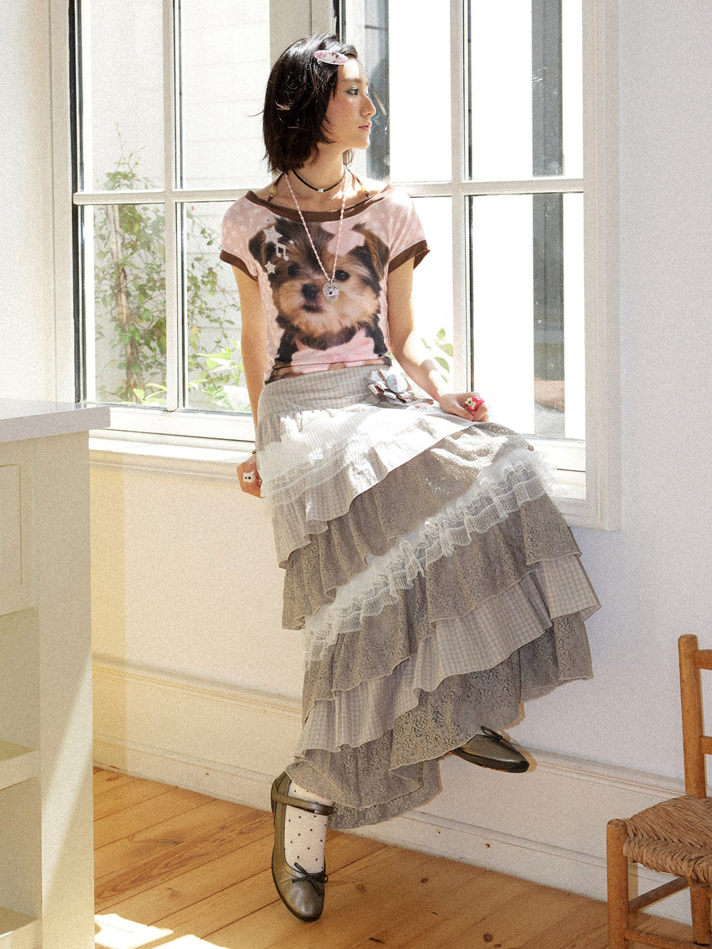 Vintage Plaid Lace Tiered Maxi Skirt