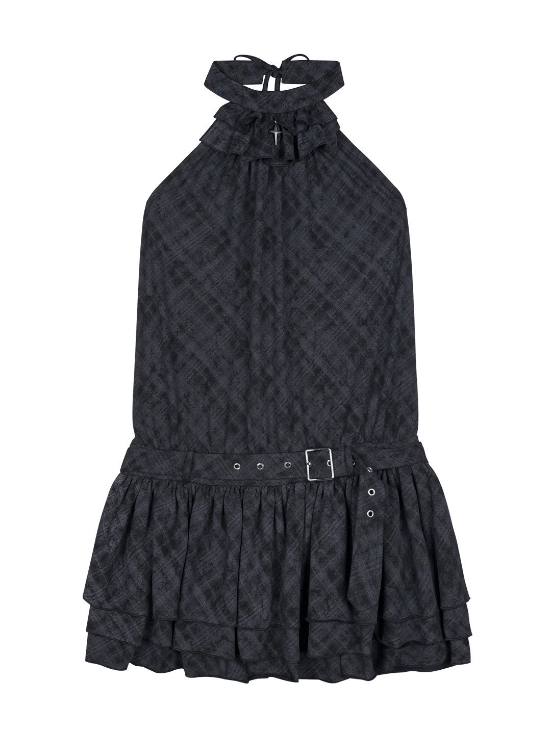 Buckle Waist Ruffle Halter Mini Dress