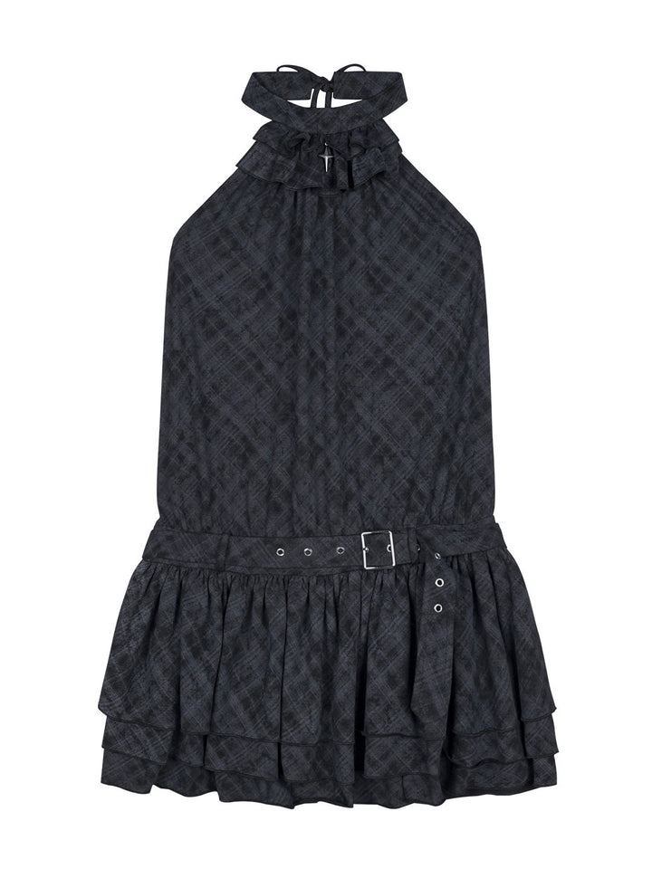 Buckle Waist Ruffle Halter Mini Dress