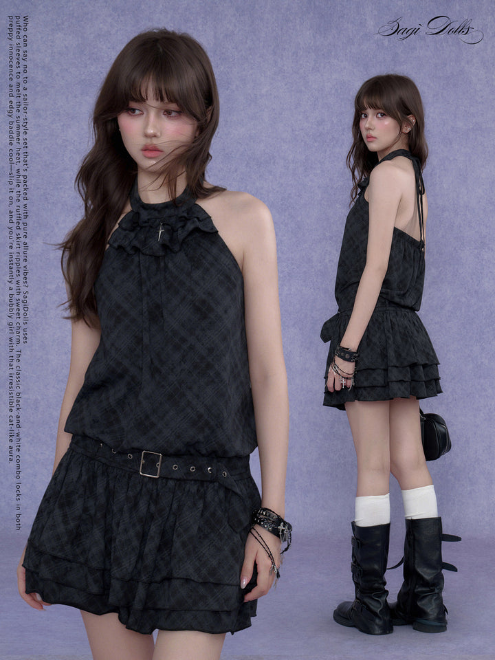 Buckle Waist Ruffle Halter Mini Dress