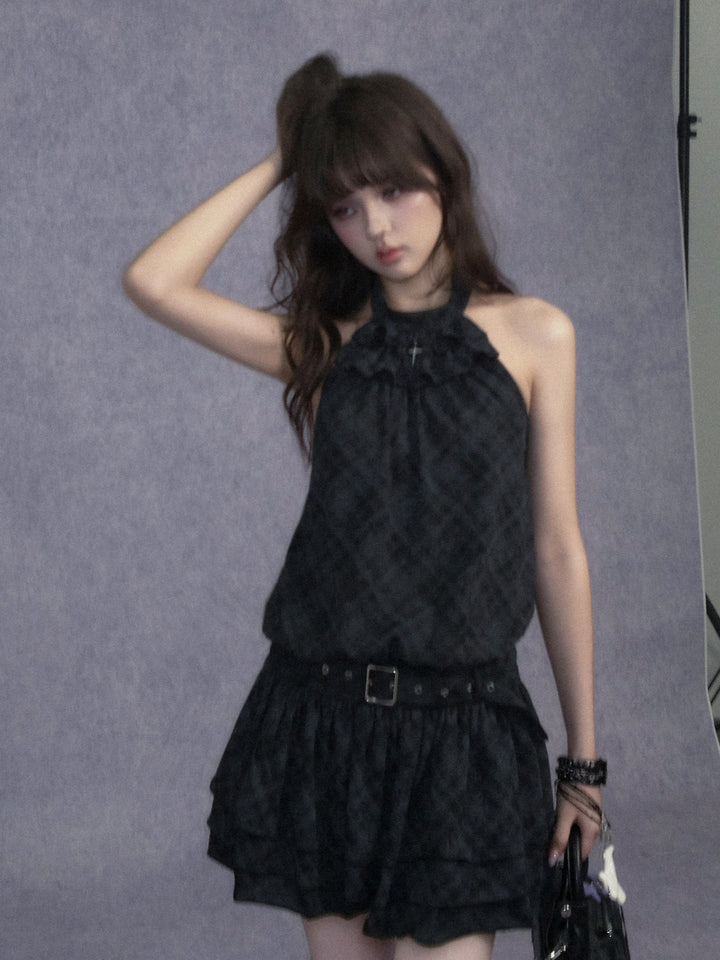 Buckle Waist Ruffle Halter Mini Dress