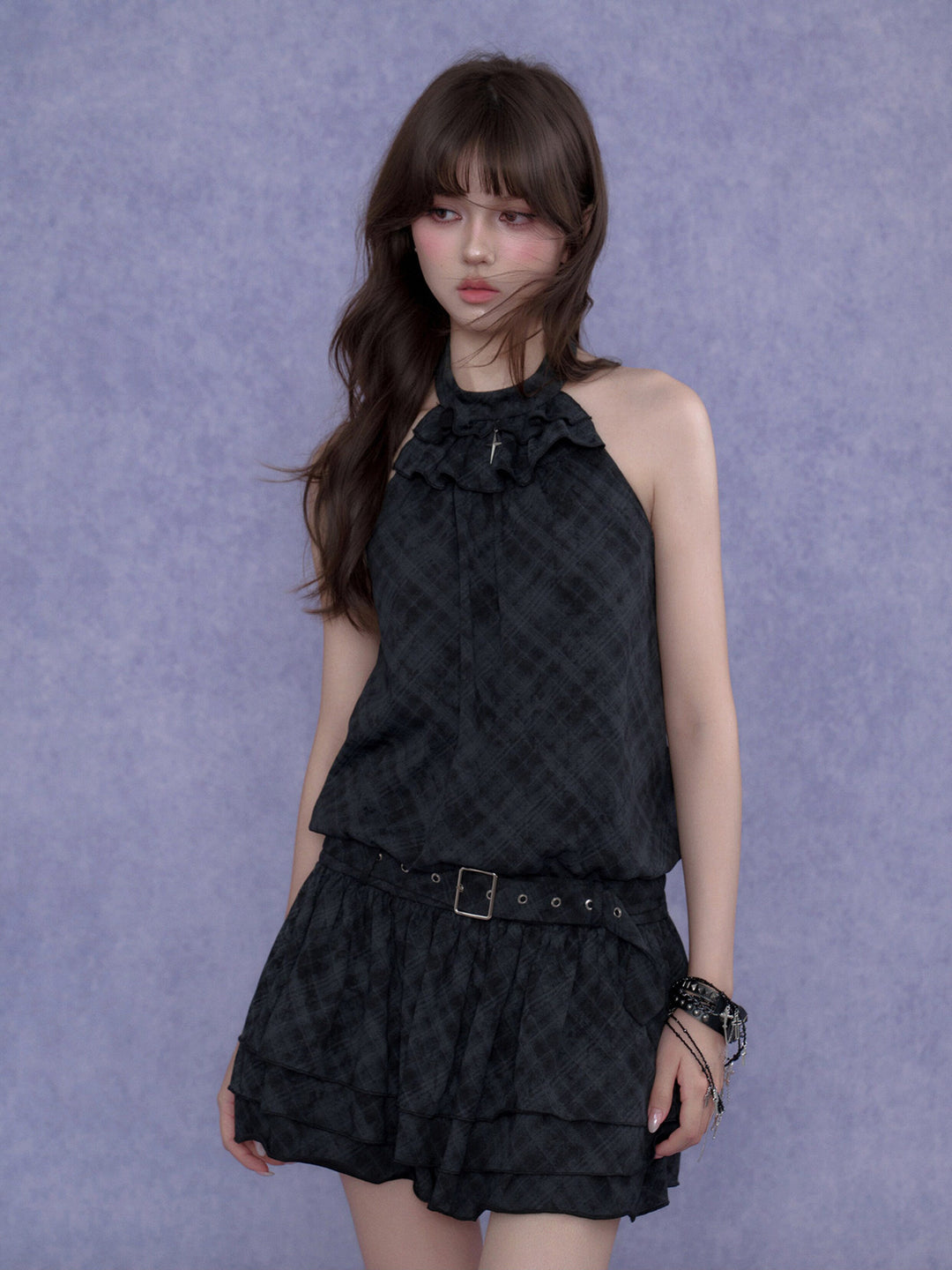 Buckle Waist Ruffle Halter Mini Dress