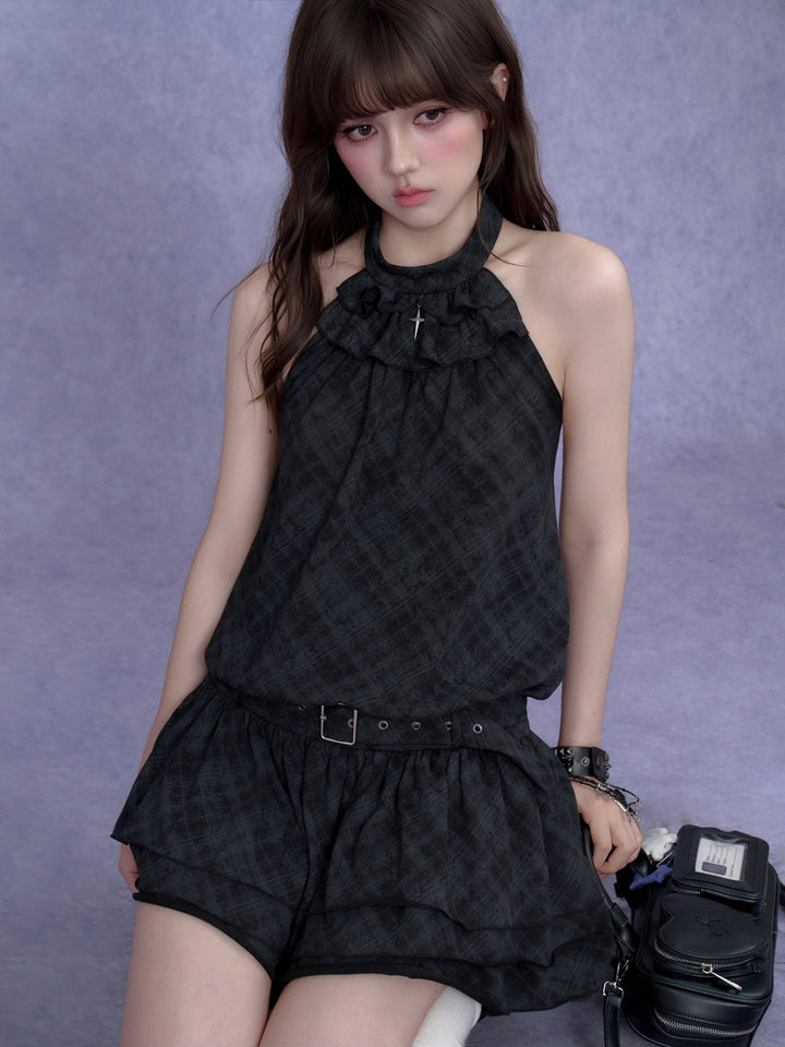 Buckle Waist Ruffle Halter Mini Dress