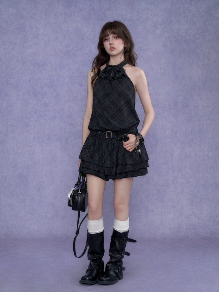 Buckle Waist Ruffle Halter Mini Dress