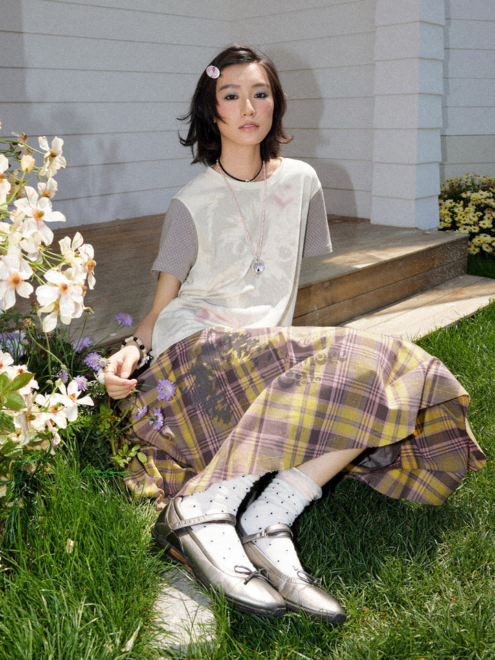 Plaid Cat Graphic Handkerchief Midi Skirt