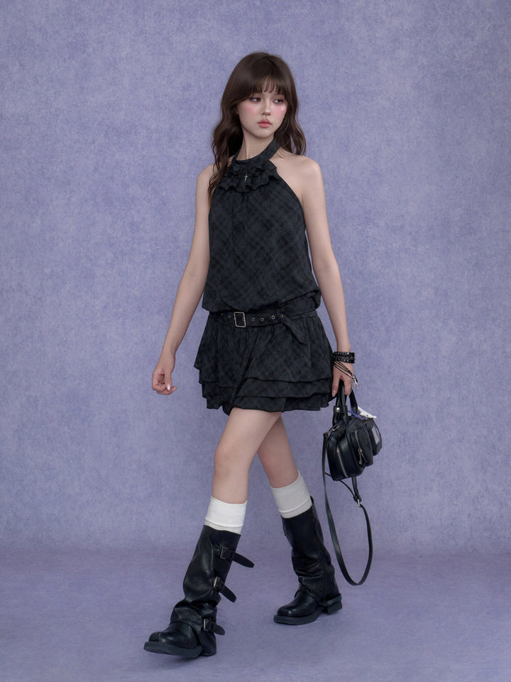 Buckle Waist Ruffle Halter Mini Dress