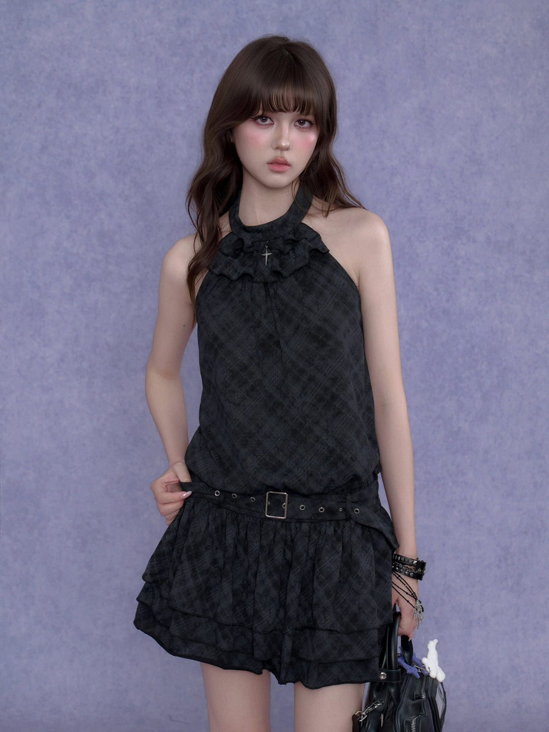 Buckle Waist Ruffle Halter Mini Dress