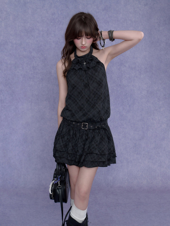 Buckle Waist Ruffle Halter Mini Dress