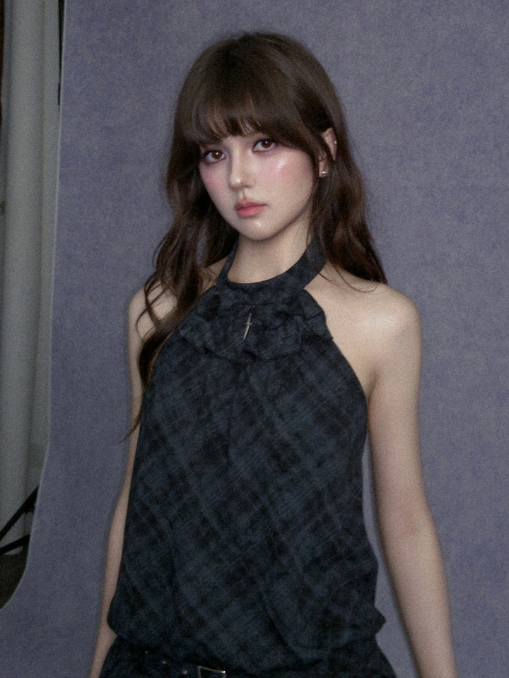 Buckle Waist Ruffle Halter Mini Dress