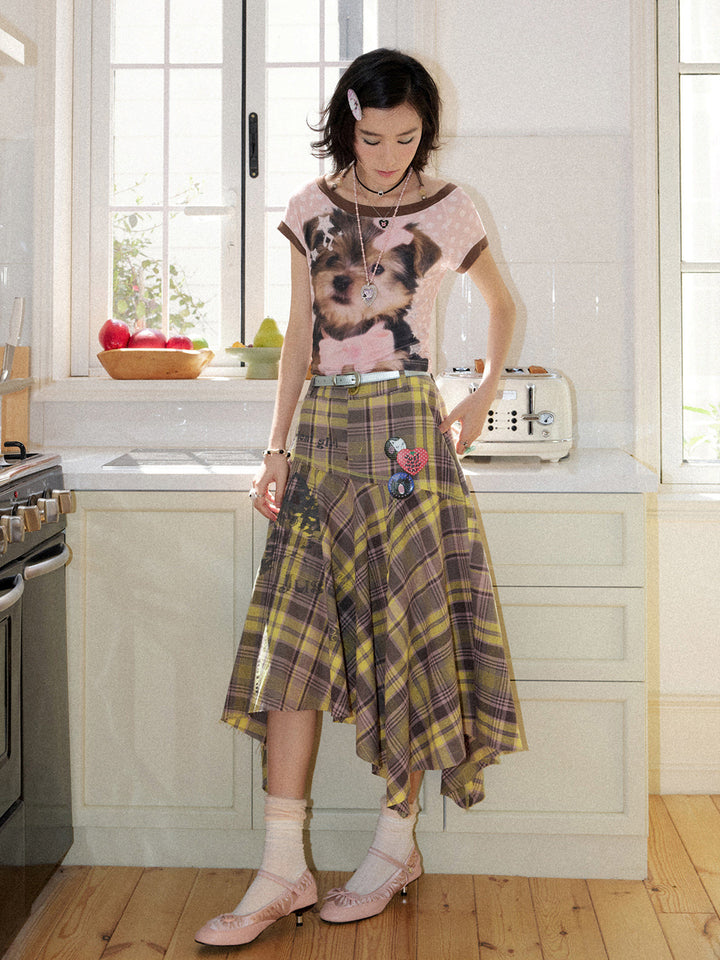Plaid Cat Graphic Handkerchief Midi Skirt