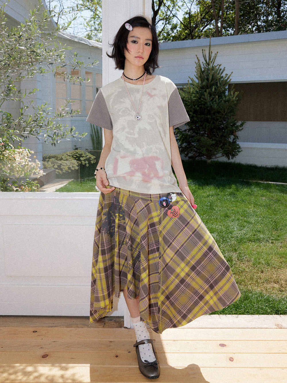 Plaid Cat Graphic Handkerchief Midi Skirt