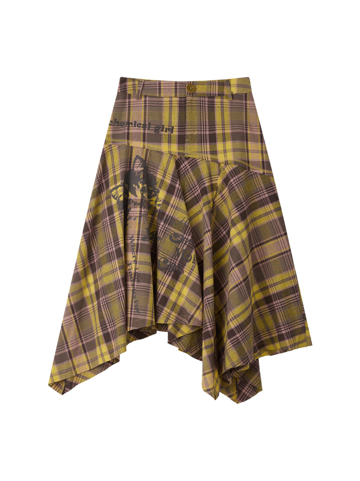 Plaid Cat Graphic Handkerchief Midi Skirt