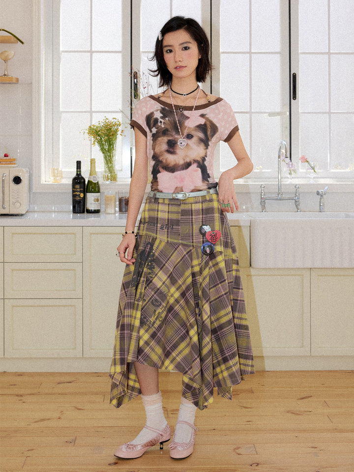 Plaid Cat Graphic Handkerchief Midi Skirt