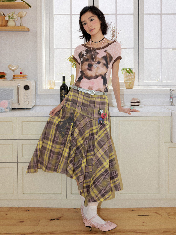 Plaid Cat Graphic Handkerchief Midi Skirt