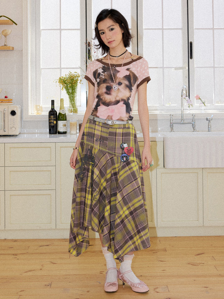 Plaid Cat Graphic Handkerchief Midi Skirt