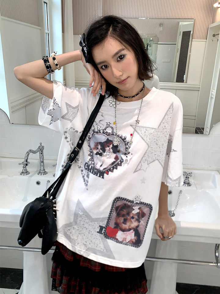 Cat & Dog Star Graphic Oversized T-Shirt