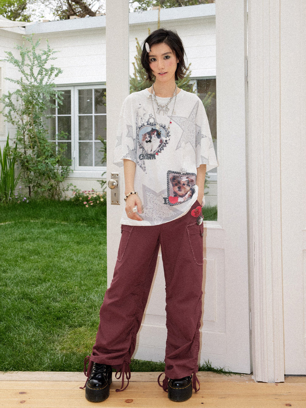 Cat & Dog Star Graphic Oversized T-Shirt