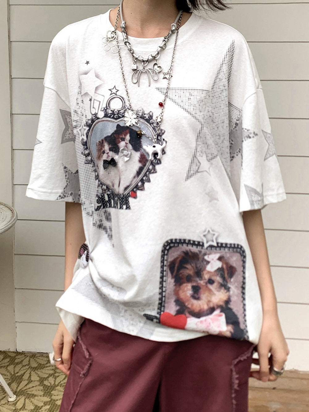 Cat & Dog Star Graphic Oversized T-Shirt