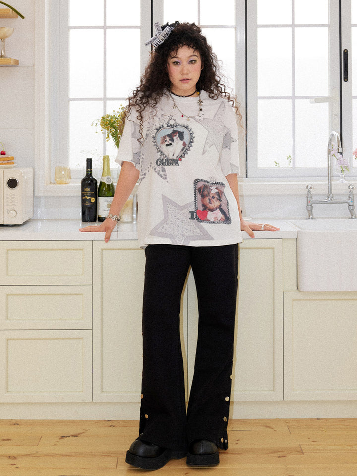Cat & Dog Star Graphic Oversized T-Shirt