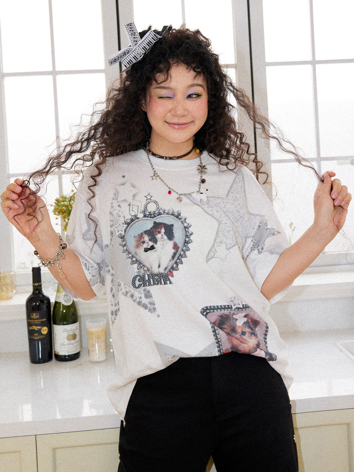 Cat & Dog Star Graphic Oversized T-Shirt