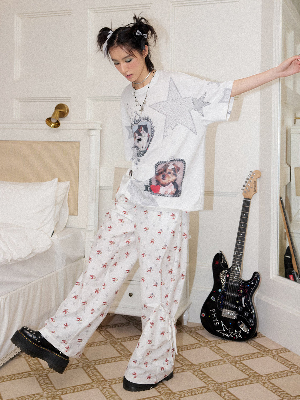 Cat & Dog Star Graphic Oversized T-Shirt