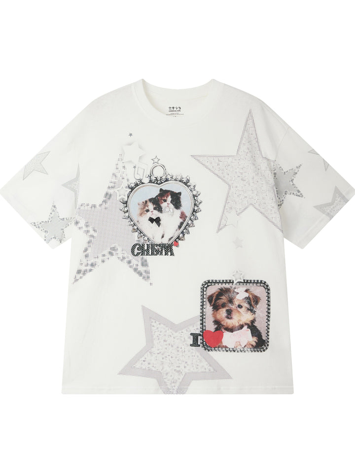 Cat & Dog Star Graphic Oversized T-Shirt