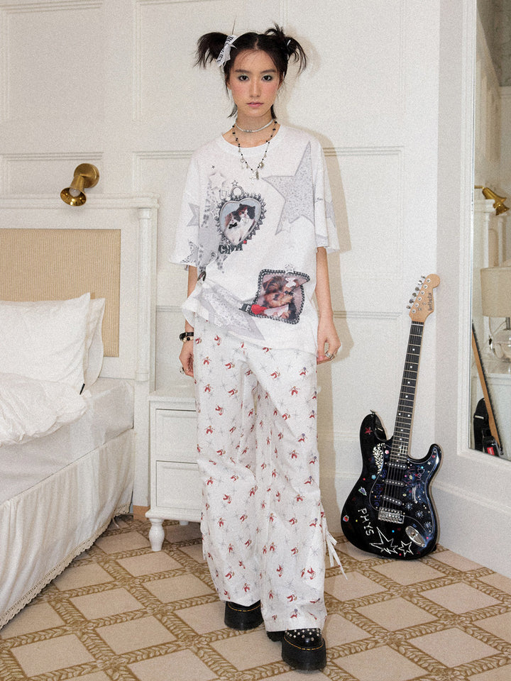Cat & Dog Star Graphic Oversized T-Shirt