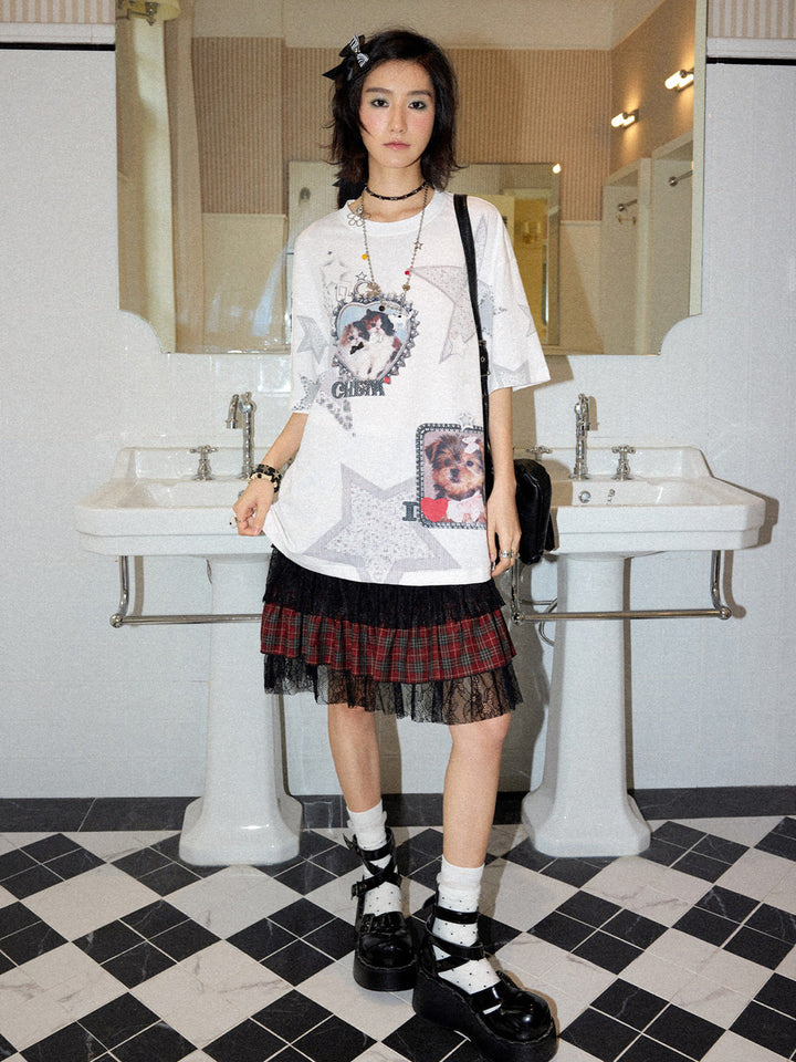 Cat & Dog Star Graphic Oversized T-Shirt